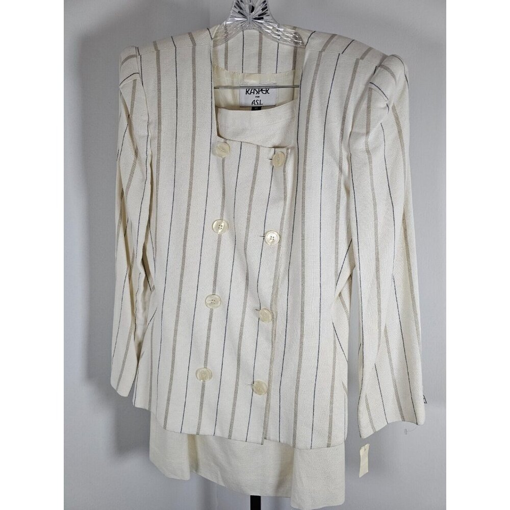Kasper Vintage Suit 2 Pc Straight Skirt Double Breasted Pinstripe Ivory - SZ 14